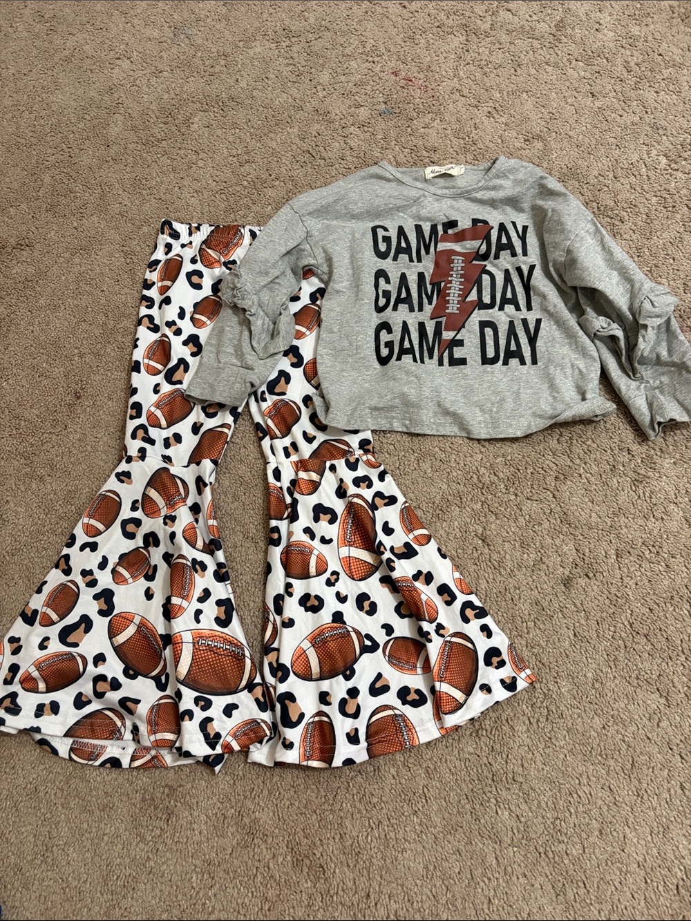 5T Game Day Football Graphic Tee & Printed Bell-Bottom Pants Set - Gray & Brown